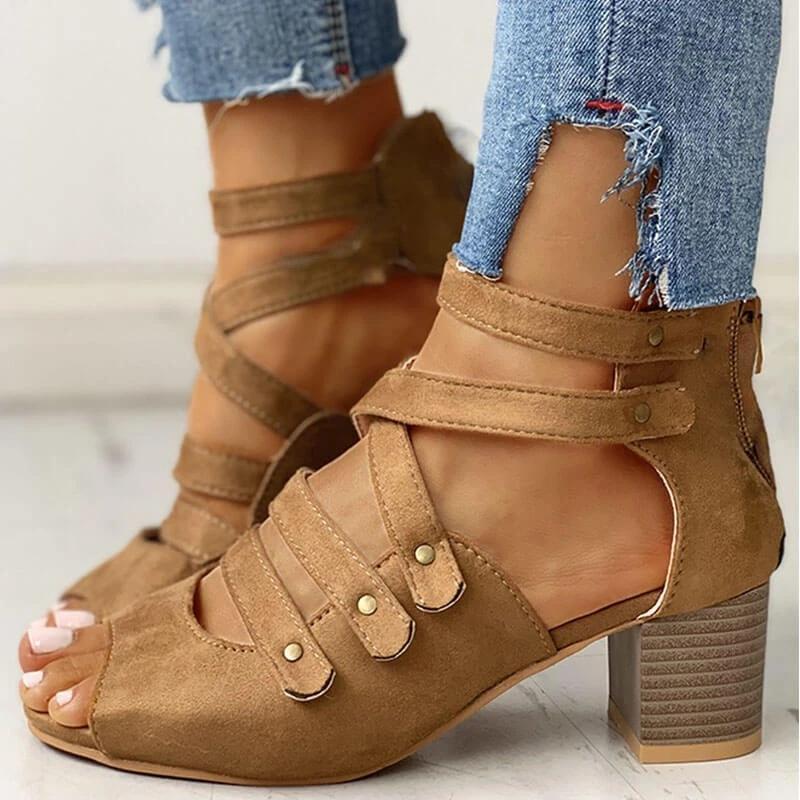 Women Large Size Hollow Out Back Zipper Chunky Sandals