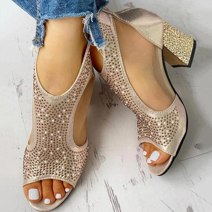 Women Fashion Rhinestone Zipper Chunky Sandals