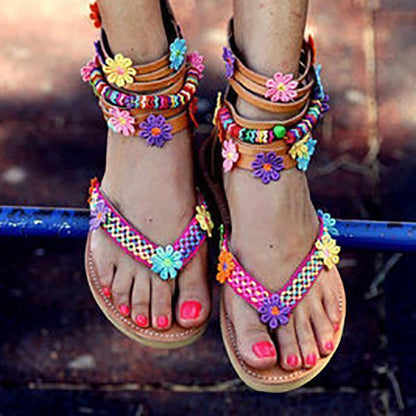 Women Summer Large Size Bohemian Zipper Flowers Handmade Beads Flat Sandals