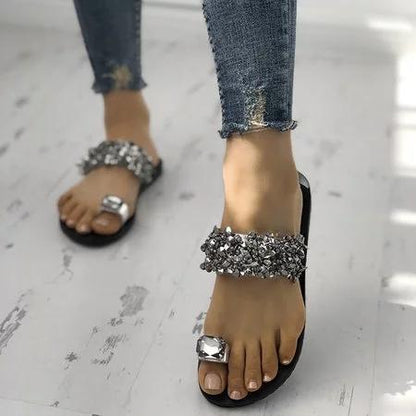 Faux Rhinestone Women Toe Ring Flat Sandals