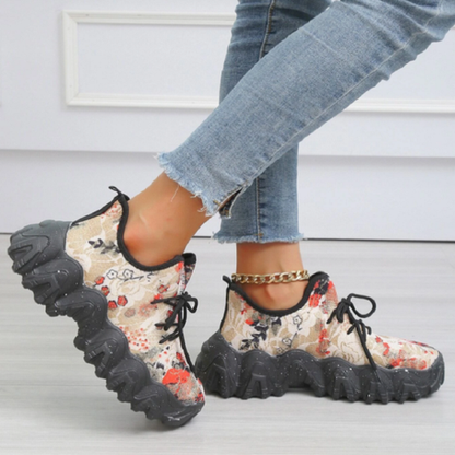 Ladies Round Toe Print Lace-up Sneakers