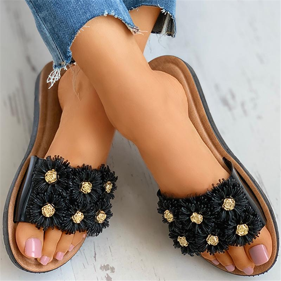 Floral Pattern Detail Open Toe Flat Slider Sandals