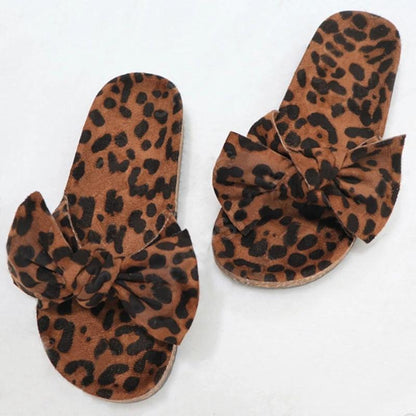 Artificial suede leopard flat heel open toe bow slippers