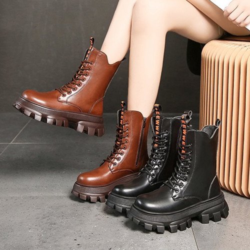 Winter Shoes Women Boots Round Toe Flats Black & Brown Leather