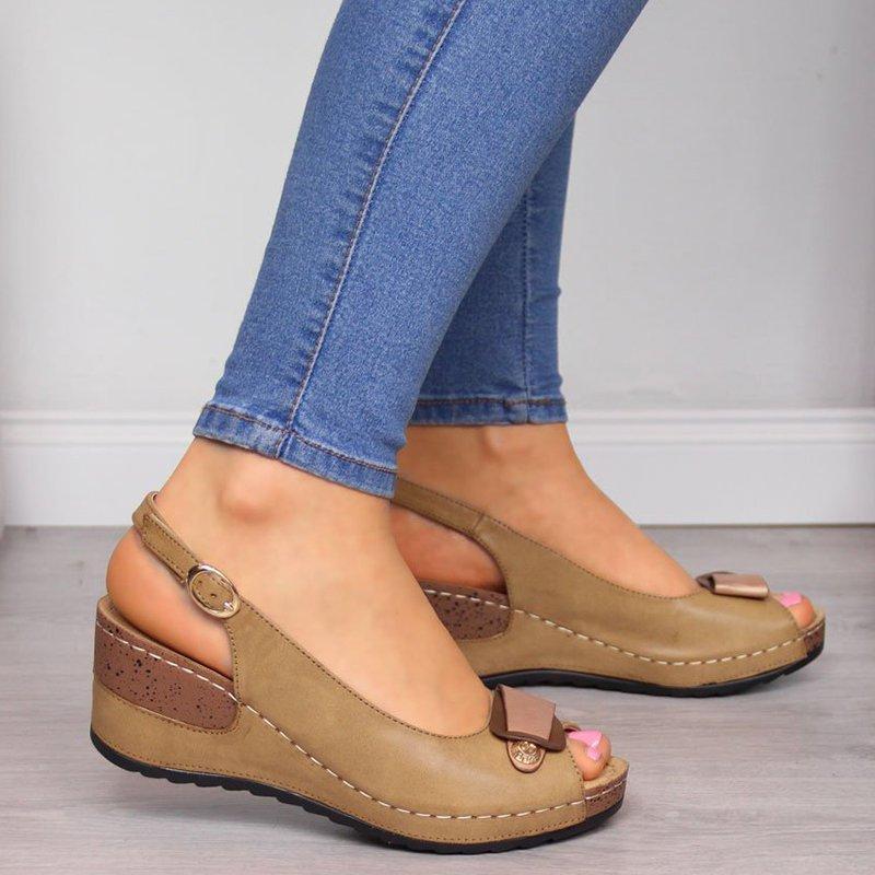 Women Peep Toe Buckle Strap Wedge Sandals