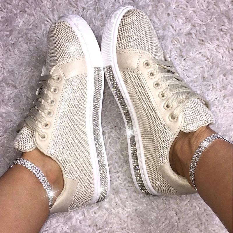 Women's Fashion Solid Color Rhinestone Decorative Mesh Breathable Casual Shoes