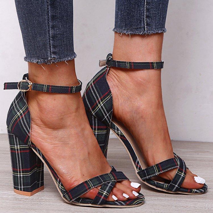Women's Fashion Plaid High Heels Pumps Sandals