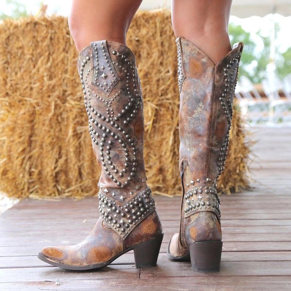 Women's Rivets Pointed Toe Western Cowboy High Boots