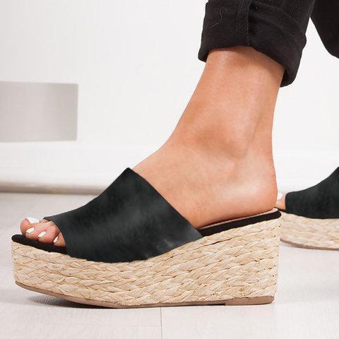 Women Slip-On Peep Toe Espadrilles Wedge Heel Plus Size Sandals