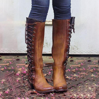 Women Vintage Lace Up Boots Zipper And Lace Above Knee Boots