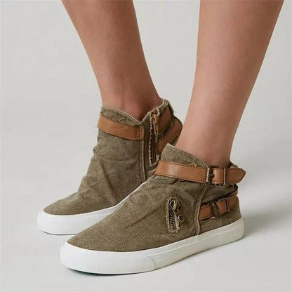 Canvas Ankle Boots Flat Heel Buckle Booties with Zipper