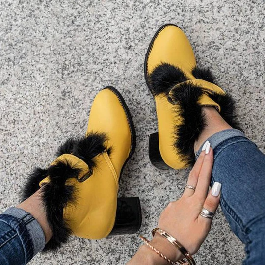 Women's Stylish Furry Chunky Heel Ankle Boots