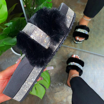 Women Faux Fur Rhinestone Casual Slip On Slippers