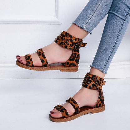 Woman Fashion Leopard Strap Flat Rivet Ankle Beach Sandals
