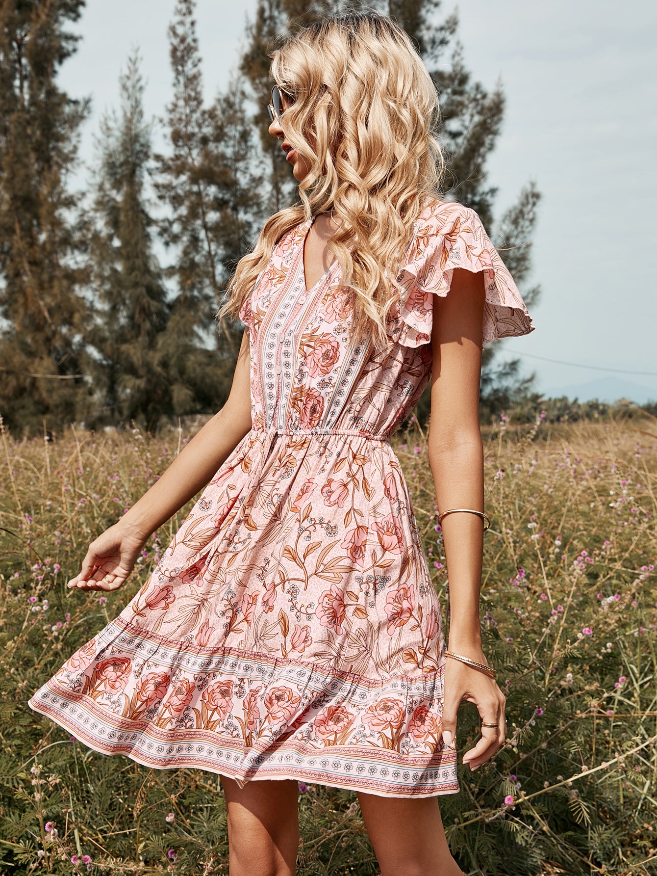 V-neck Pink Medium Length Women's Printed Dress