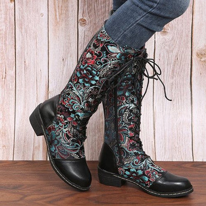 Winter Women Boots Gorgeous Flowers Pattern Colorful Stitching Elegant Zipper Lace Up Flat Mid Calf Boots