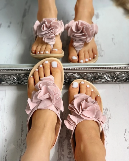 Ruched Flower Embellished Toe Post Flat Sandals