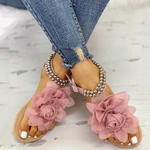 Mesh Floral Embellished Beaded Flat Sandals