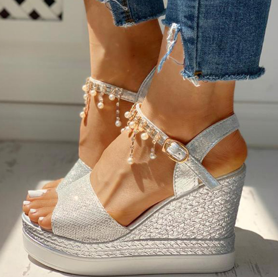 2020 New Women Summer Bead Studded Detail Platform Wedge Sandals