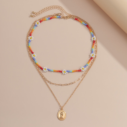 Ethnic Style Contrast Color Small Daisy Beaded Necklace