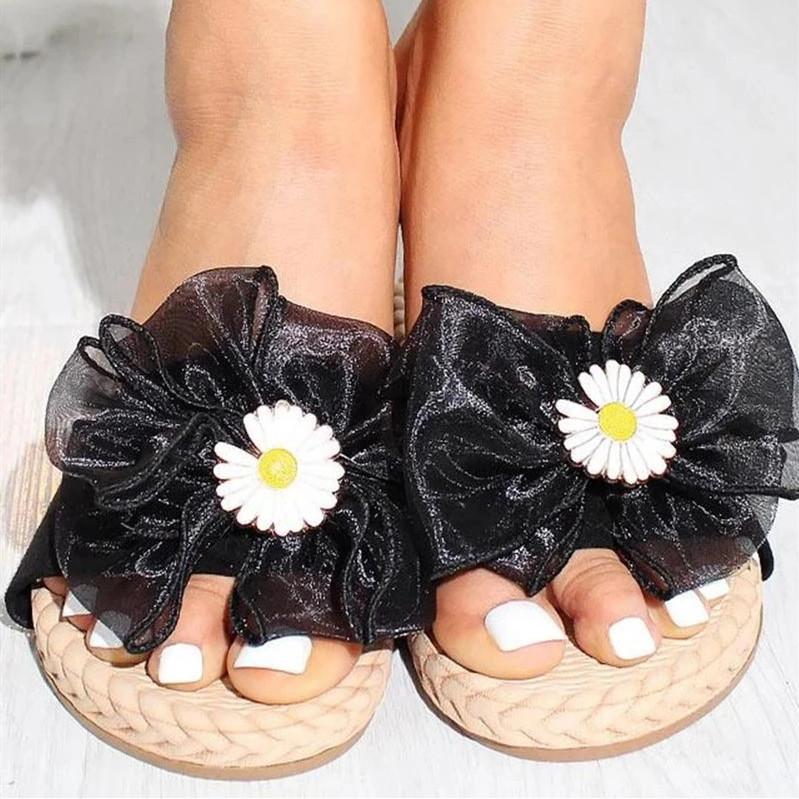 Floral Pattern Peep Toe Slides Flat Sandals