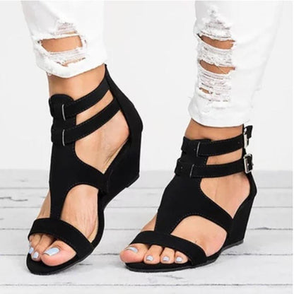Women Large Size PU Fashion Wedge Adjustable Buckle Hollow Out Sandals
