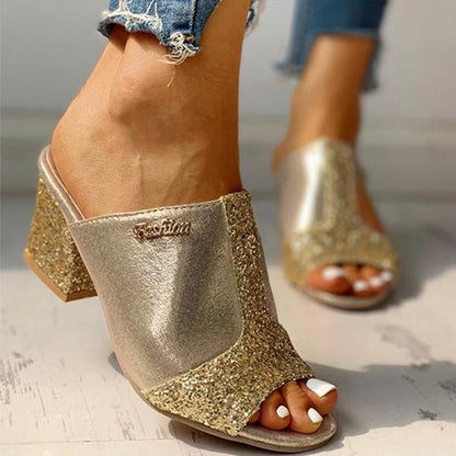 Fashion thick high-heeled color-block sequin fish mouth women's slippers