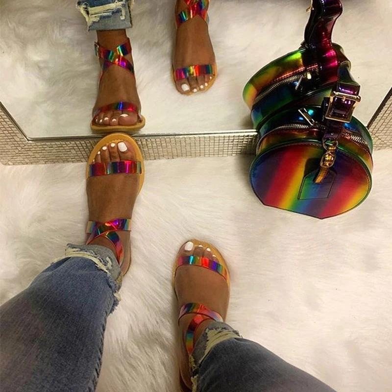 Women Daily Sexy Rainbow Buckle Strap Flat Heel Sandals