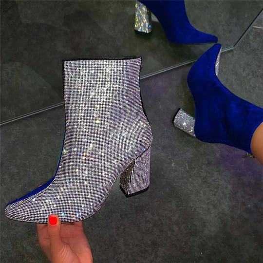 Women's Gorgeous Sparkling Rhinestones Hit Color Split Joint Chunky Heek Boots