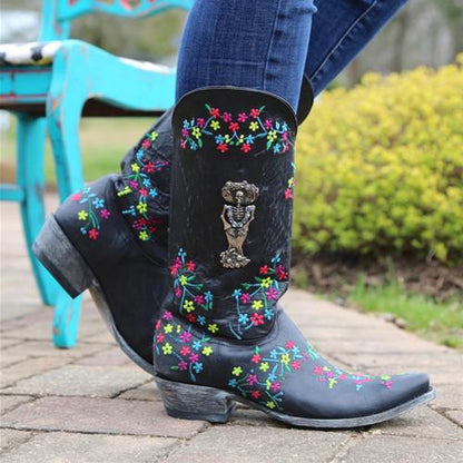 Flower Printed Chunky Heel Boots