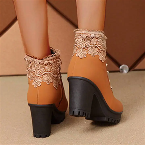 Women's Elegant Rhinestone Flower Lace Mid Heel Zipper Boots