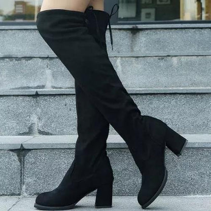 Women's Lace-up Knee High Boots Closed Toe Cloth Chunky Heel Boots