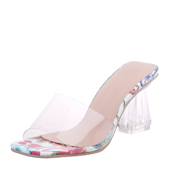 Women Summer Transparent Heels Elegant Square Toe Print Fashion Sandals