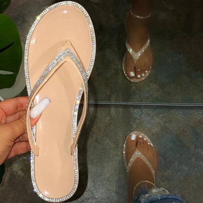 Flat With Rhinestone Slip-On Thong PVC Casual Slippers