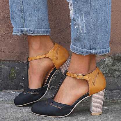 Women Vintage Color Block Sandals Casual Chunky Heel Buckle Sandals Shoes