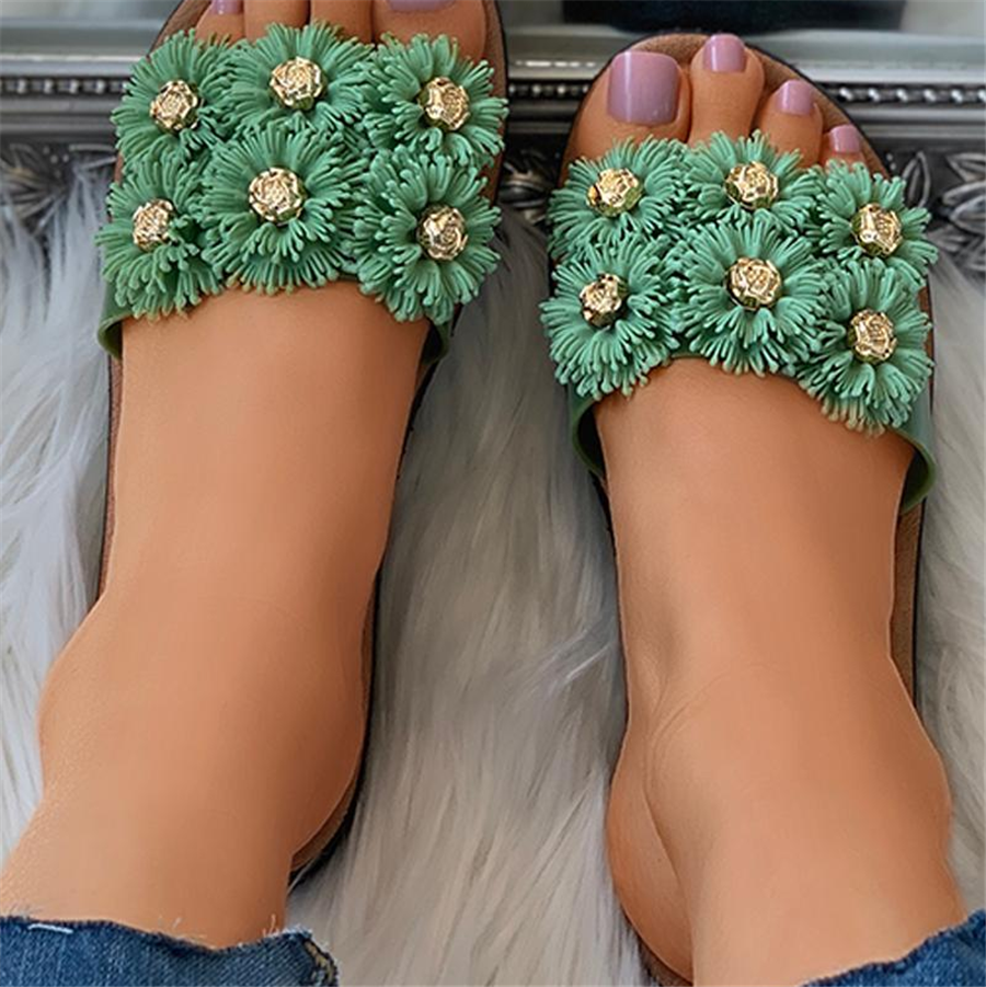 Floral Pattern Detail Open Toe Flat Slider Sandals