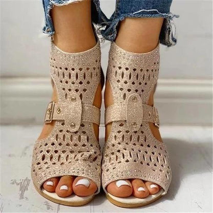 Hollow Out Peep Toe Buckled Sandals