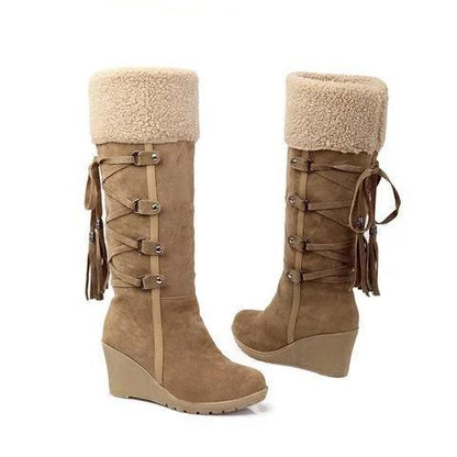 Womens Fashion Lace Round Toe Scrub High Heel Snow Boots