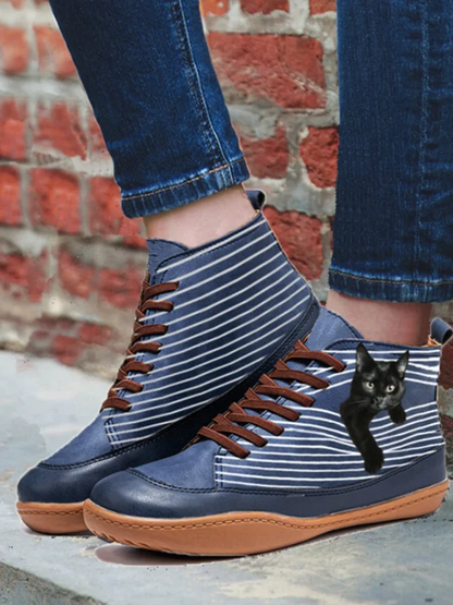 Cat pattern Daily Spring Leather Flat Heel Boots