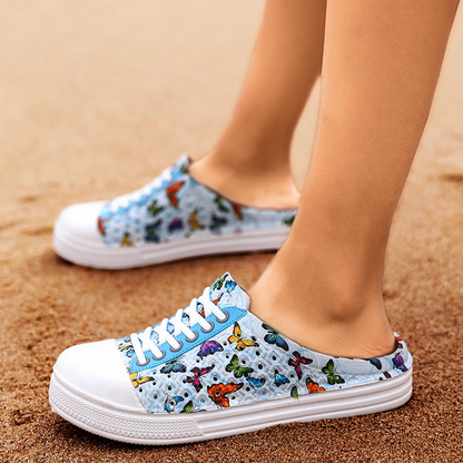 Women Lightweight Butterfly Pattern Beach Closed Toe Backless Soft Mules Shoes