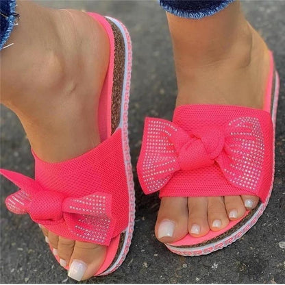 Women Flyknit Fabric Bowknot Rhinestones Open Toe Platform Footbed Slippers