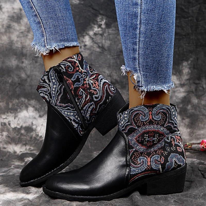 Women Stylish Characteristic Pattern Split Joint Mixed Colors Zipper Chunky Heel Boots