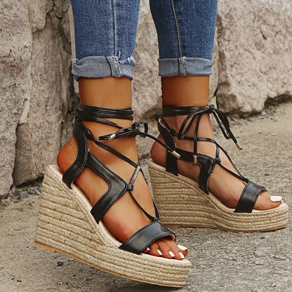 Women Cross-Strap Lace Up Wedge Sandals