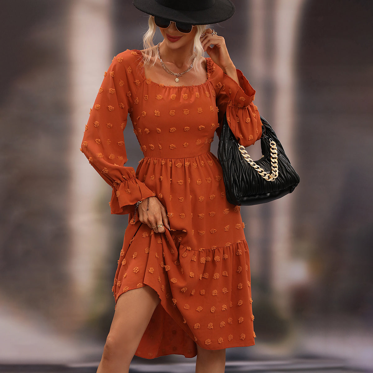 3D Embossed Chiffon Long Sleeve Dress