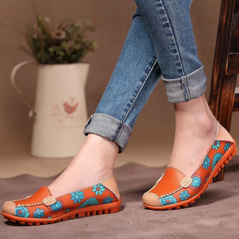 Floral Print Color Matching Soft Comfortable Slip On Flat Shoes