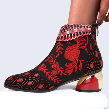 Comfy Soft Leather Embroidered Flowers Rhinestone Chunky Heel Summer Boots