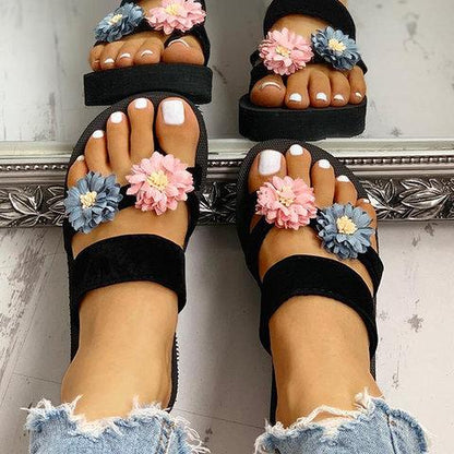 Women Casual Summer Double Flower Comfy Slip On Sandals