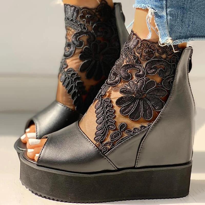 Women Fashion Lace Hollow Out Wedge Sandals