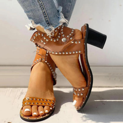 Open Toe Rivet Chunky Heeled Sandals For Women