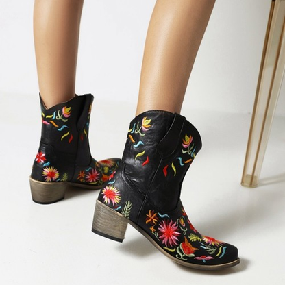 Embroidered Flowers Low-Heel Boots